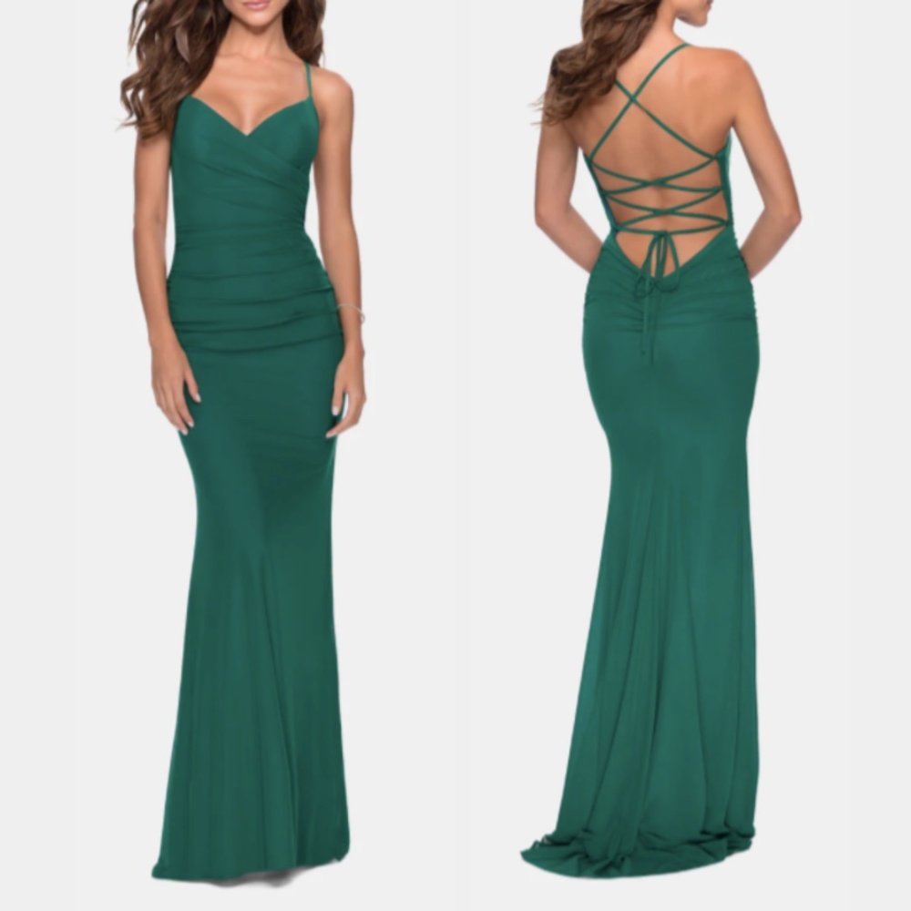 NWOT La Femme Plunging Crisscross Back Ruched Sheath Dress - Emerald Green